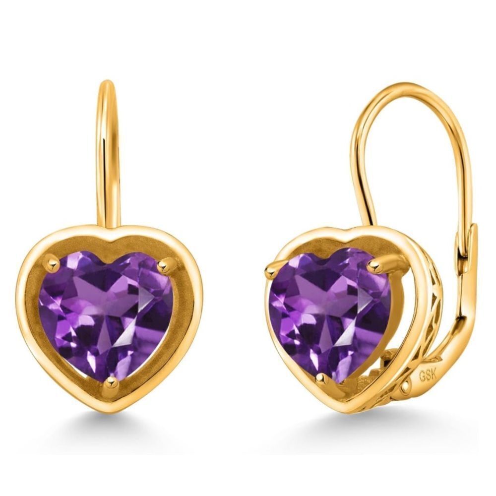 18K Yellow Gold 925 with 1.80 Cttw 7MM Amethyst Heart Leverback Drop Earrings